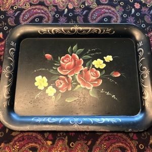 TOLE TRAY METAL HAND PAINTED BLACK FLORAL